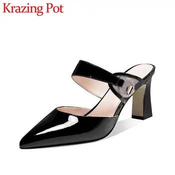 

Krazing Pot new fashion patent leather pointed toe high heels women mules rhinestone ring decorations summer slip on pumps L14