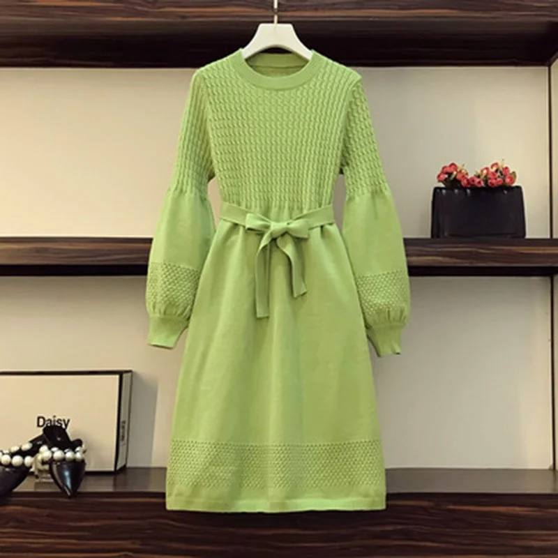 

Autumn Winter Women Knitted Sweater Dress 2021 New Korean Lantern Sleeve O Neck Elegant Long Dress Ladies Bottoming Loose Dress