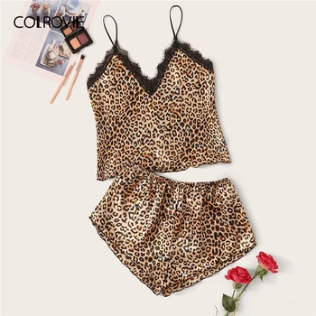 

COLROVIE Leopard Print Lace Trim Satin Cami PJ Set 2020 Summer Sexy Sleeveless Pajamas Women Short Sets Ladies Pajama Set