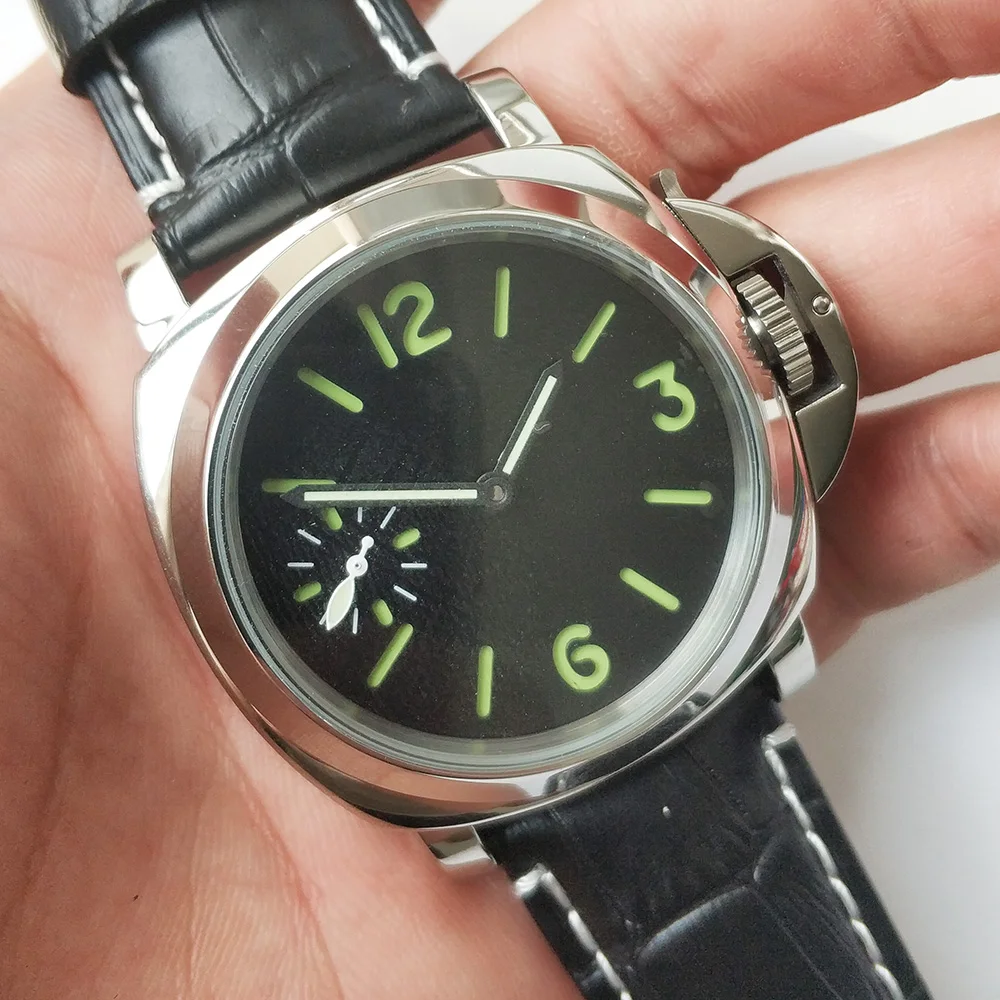 

44 mm fashion hand-wind watch men watch black Dial white stainless steel case BLACK leather strap mechanical A3