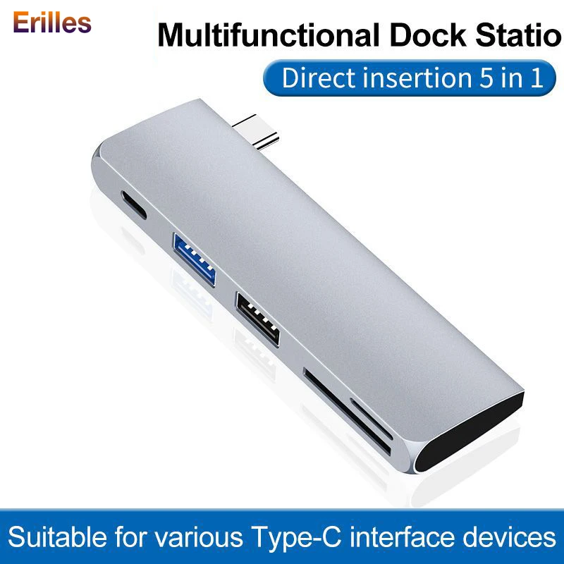  USB Hub Data Splitter 5 in 1 Type-c to USB 2.0 3.0 PD Fast Charger 5 Port USB Hub with SD Card Read