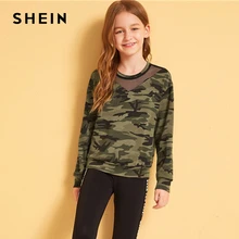 SHEIN Kiddie/Камуфляжный пуловер с сетчатыми вставками и открытыми плечами для девочек; топы для детей; коллекция года; осенняя одежда для активного отдыха; Повседневная Толстовка с длинными рукавами