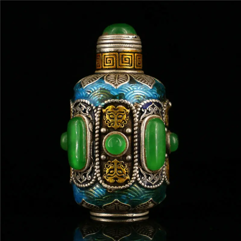 

2.95" Collection Chinese Cloisonne silver gilt inlay gem Handmade snuff bottle pendant