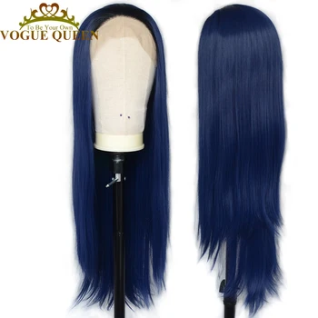 

Vogue Queen Dark Blue With Black Hair Root Long Straight Synthetic Lace Front Wig Daily Wearing For Women