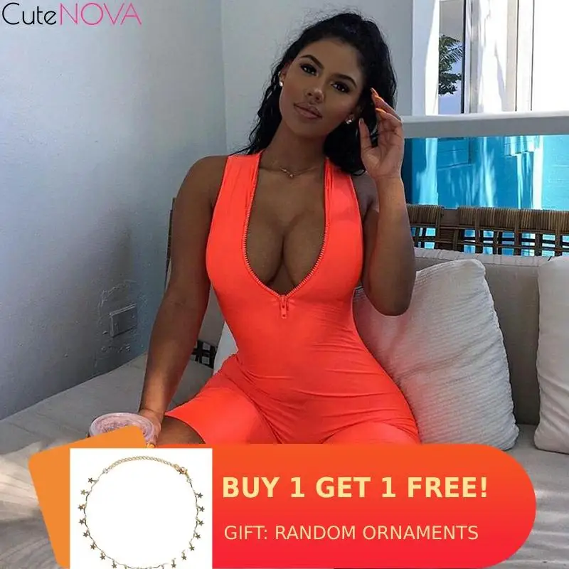 

CuteNOVA Turtleneck Slim Neon Color High Waist Sport Fitness Jumpsuit Shorts 2020 Summer Women Temperament Zipper Biker Jumpsuit