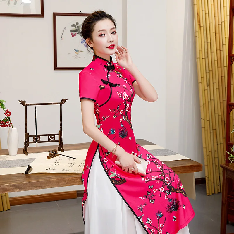Желтый плюс размер 5XL Китайский традиционный Женский Aodai Qipao с цветочным принтом винтажный Чонсам Новинка китайское торжественное платье
