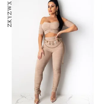 

ZKYZWX Sexy Club Outfits 2 Two Piece Set Women 2020 Rave Festival Clothing Off Shoulder Crop Top and Ruched Pant Matching Suits