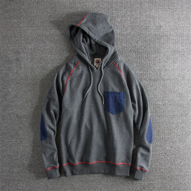 Japanese Harajuku Elbow Patch Hoodie for Men Urban Boys Streetwear Denim Patchwork Pocket Hooded Sweatshirt Plus Size