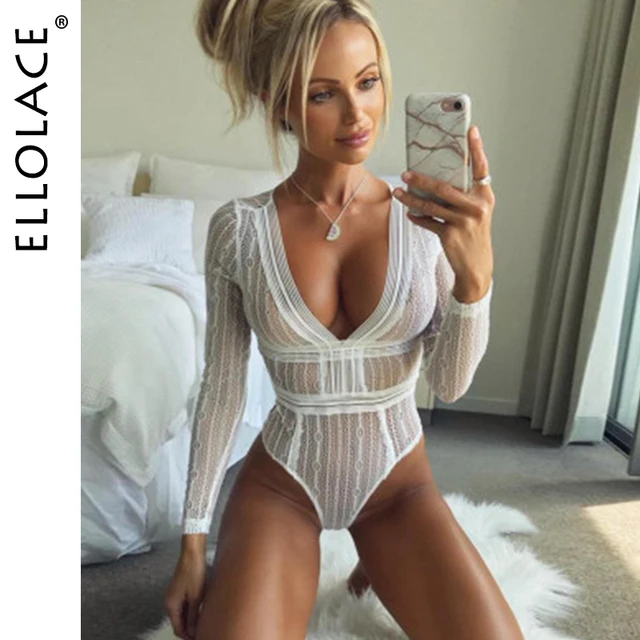 US $9.82 Ellolace Sexy Lace Body Long Sleeve Women Backless Bodysuit Mesh See Through Rompers Teddies Deep V
