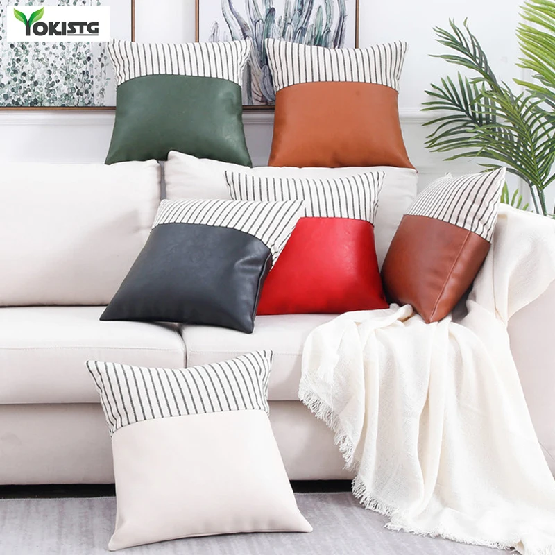 YokiSTG PU Leather Cushion Covers For Sofa Bed Car Seat Brown Linen Stripe Decorative Pillowcases Luxurious Throw Pillow Home | Дом и сад