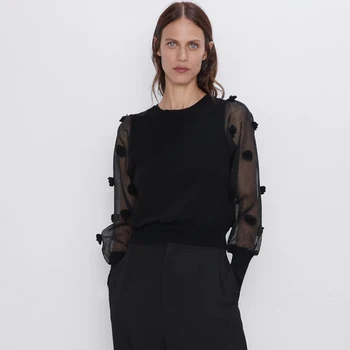 

2019 Za Autumn Women's Clothing Translucent Sleeve Sweater Black Fashion Cloths Pullovers Streetwear High Quality