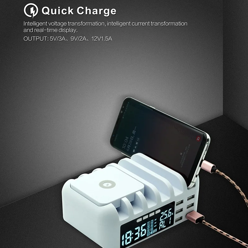 48W Multi Phone USB Wireless Charger With Clock for IPhone 11 12 Pro Max QC 3.0 LCD Fast Charging Station For Samsung Xiaomi