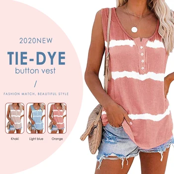 

Summer Plus Size T-shirt Tie Dye Stripe Tank Top for Women Sleeveless Casual Button Stripe Color Block Patchwork Vest T Shirt