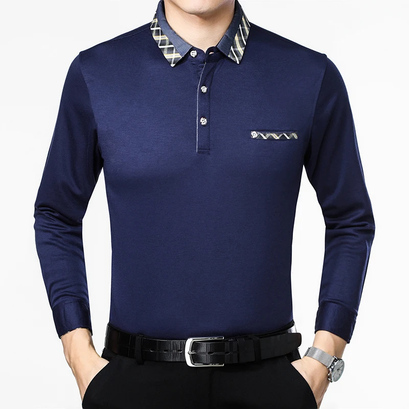 dark blue MIACAWOR, новинка, Мужская рубашка поло, деловая, весенняя, длинный рукав, одноцветная, рубашка поло, мужская, с принтом, с воротником, футболка, Camisa Masculino T807 - Цвет: dark blue