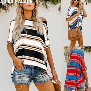 

ADIESS 2020 Summer New Striped Print Loose Ladies Short Sleeve Fashion Diagonal Collar Asymmetric Half Sleeve Female T-shirt