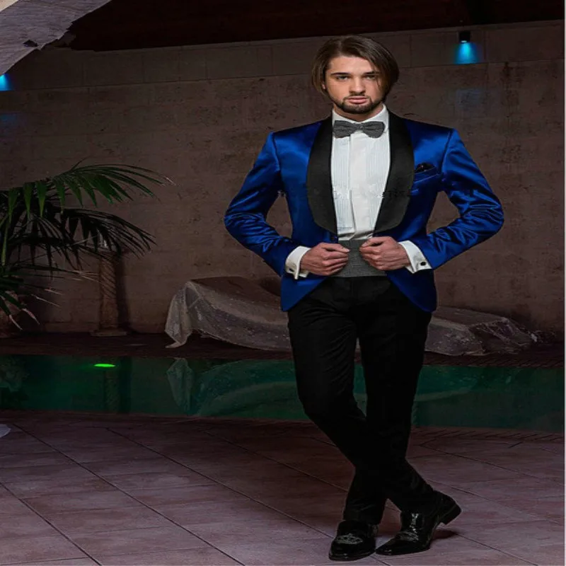 

Mens Suit Groom blue satin Italian dress men's custom men's jacket 2018 wedding suit jacket ball party suit shawl lapel