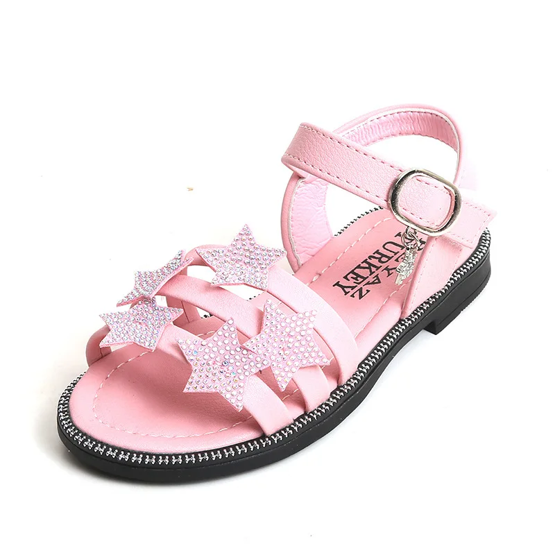 2020New Big Girls Sandal Rhinestone Stars Kids princess Shoes child Kids Sandal Girls Black Pink White 4T 5T 6T 7T 8T 9T 10T-14T