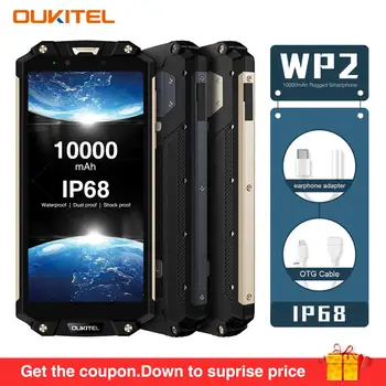Перейти на Алиэкспресс и купить Смартфон OUKITEL WP2, водонепроницаемый мобильный телефон IP68, 6 дюймов, 18:9, сканер отпечатков пальцев, 4 ГБ, 64 ГБ, Восьмиядерный процессор MT6750T, 10000 м...