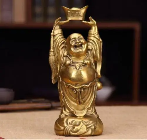 Chinese bronze collection handmade hand holding ingot station Maitreya Buddha | Дом и сад