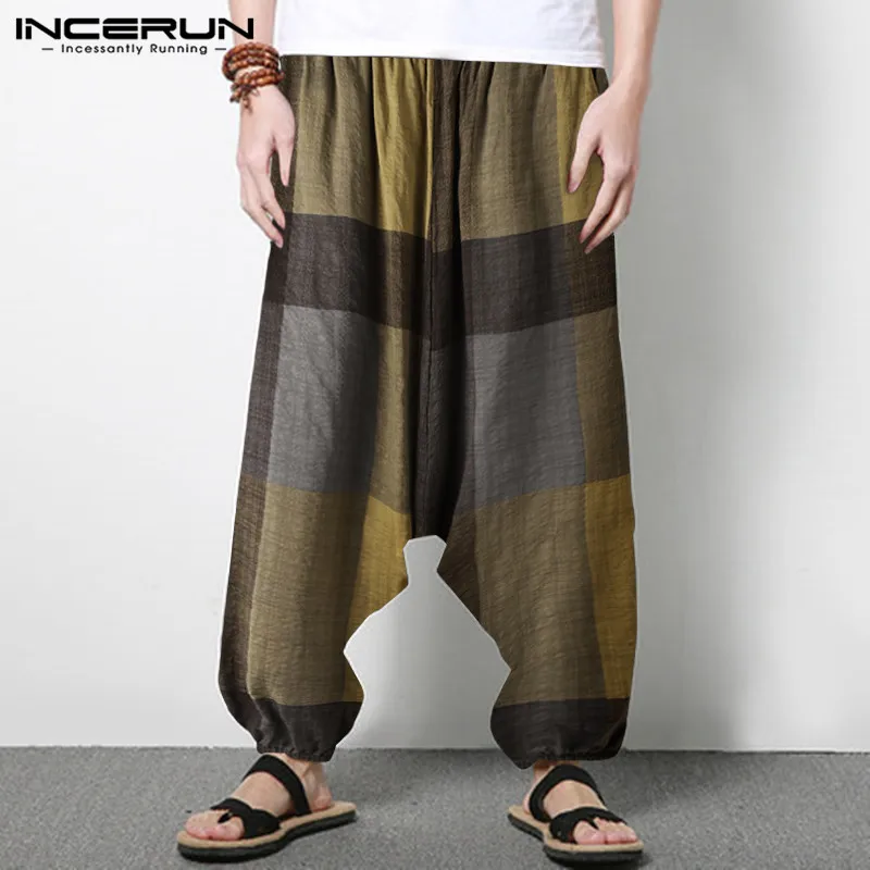 

INCERUN Fashion Plaid Pants Men Loose Drop Crotch Trousers Causal Baggy Harem Pants Vintage Elastic Waist Pantalones Mens Pants