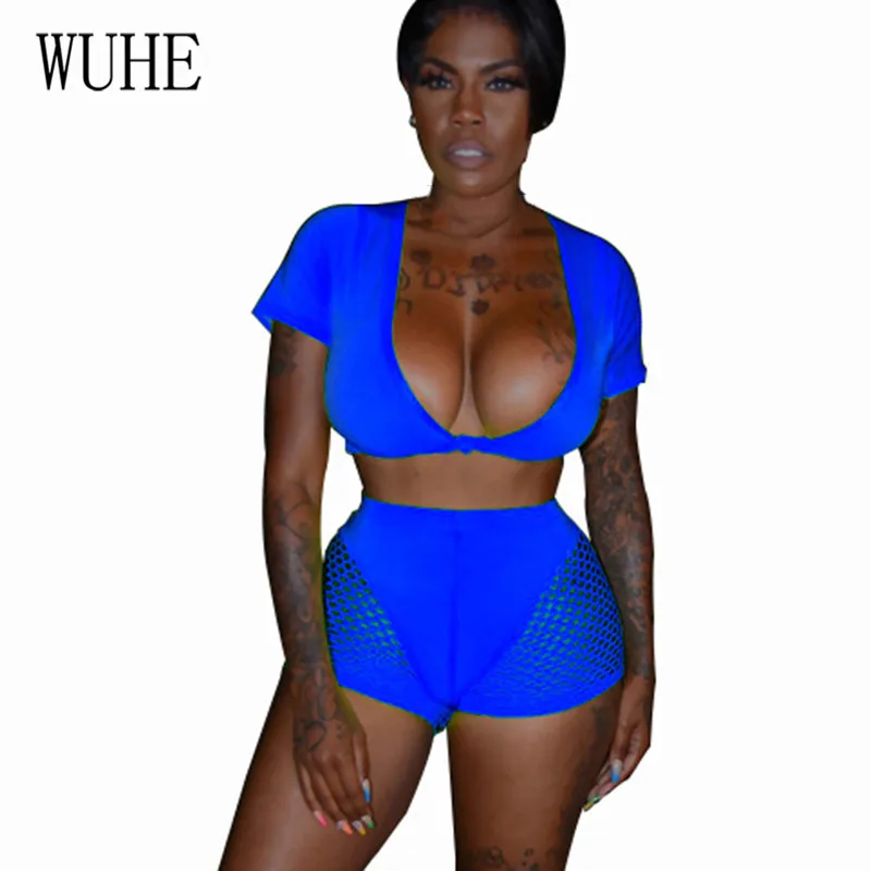 

WUHE Female Casual Sports Two Pieces Sets Bodycon Playsuits Sexy Deep V Neck Short Sleeve Patchwork Grid Summer Female Jumpsuits