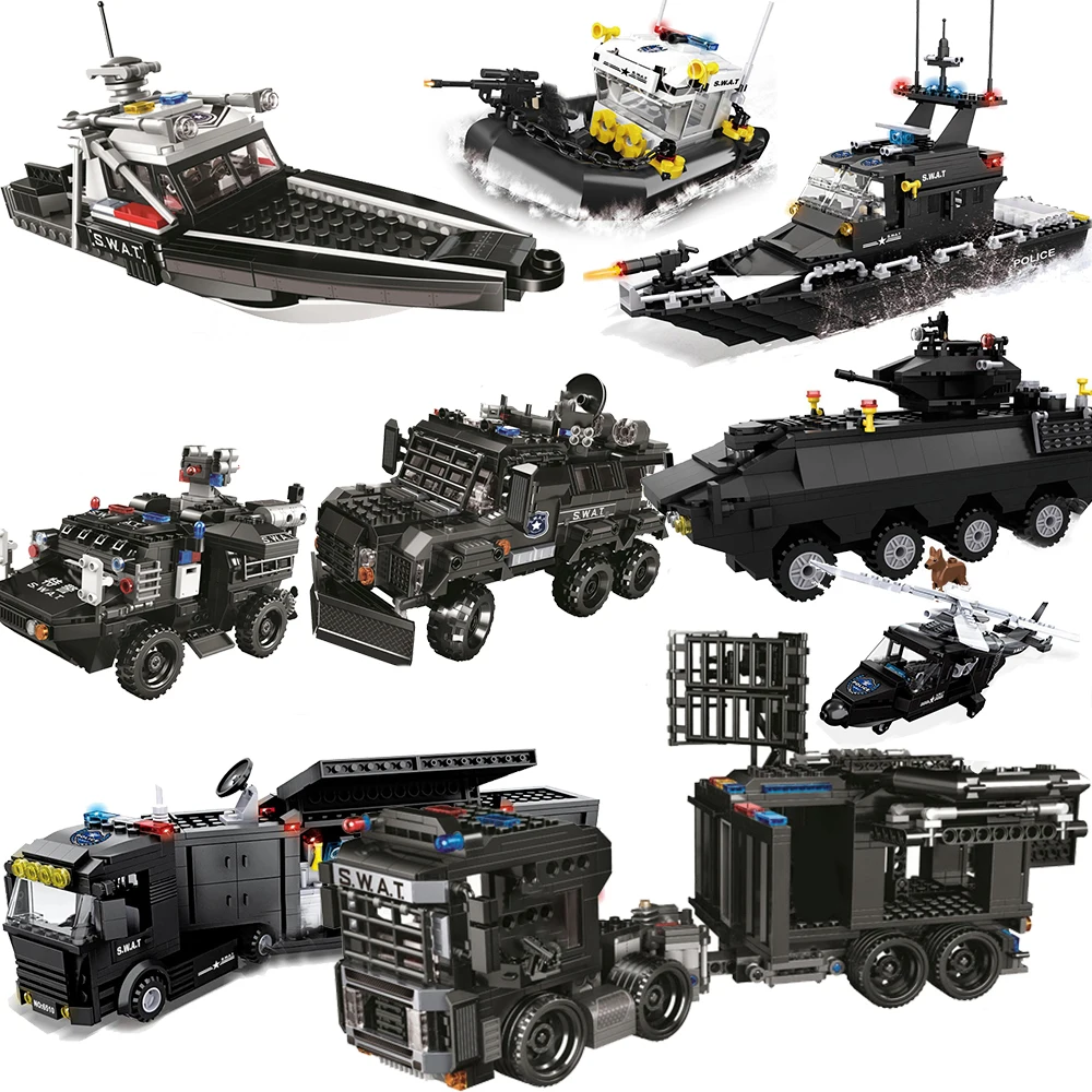SWAT-vehículos militares del equipo de ciudad, camión, coche especial, helicópteros de policía, juego de prisión, modelo, Kits de construcción, estación de transporte móvil