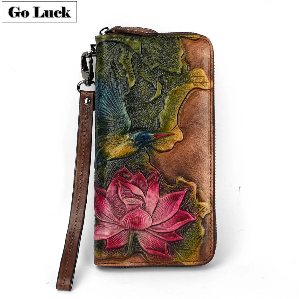 

GO-LUCK Brand Women Wristlet Clutch Wallet Women's Zipper Cell Phone Pouch Wallets Ladies Purse Flower Engraved Genuine Leather