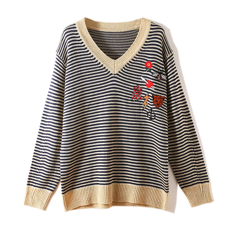2019 Knitting Unlined Upper Garment Woman Personality Pattern Embroidery Black And White Stripe V Lead Loose Sweater | Женская одежда