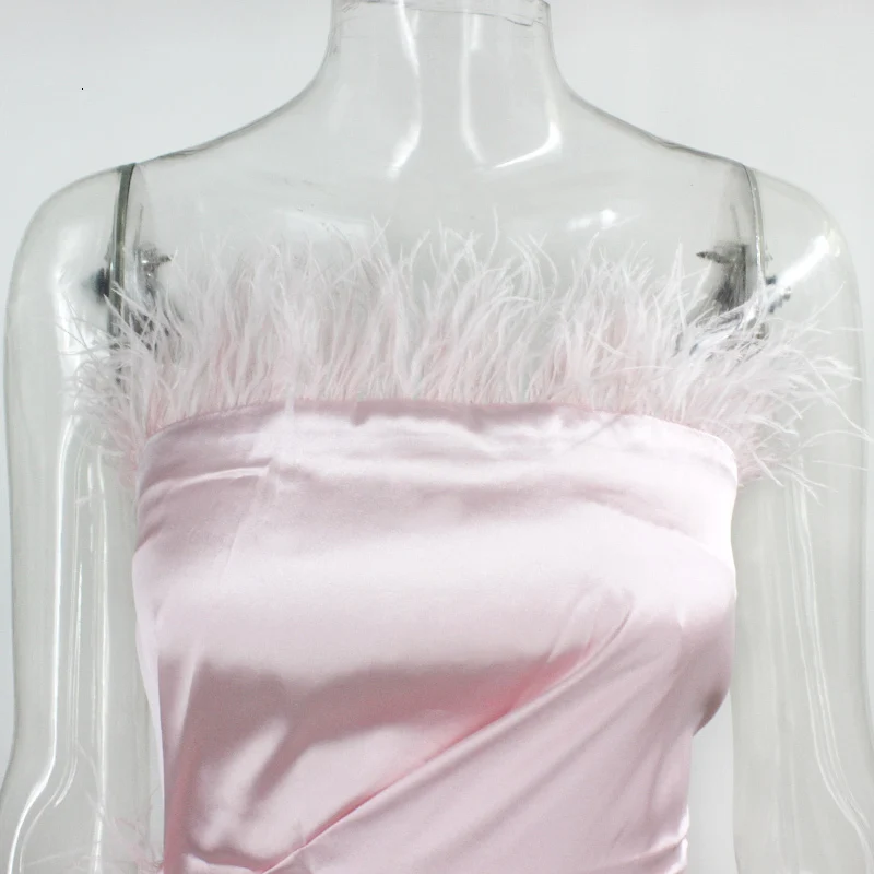 Ohvera элегантное сатиновое перьевое платье для женщин с высоким разрезом, сексуальные платья для вечеринок, мини, летние платья Vestidos