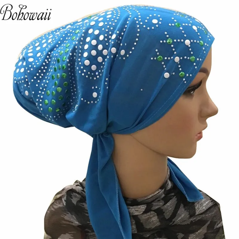 

BOHOWAII Fashion Bonnet African Head Wraps Glitter Diamonds Hats for Women Jersey Hijab Caps Islam Arabe Instant Turban Femme