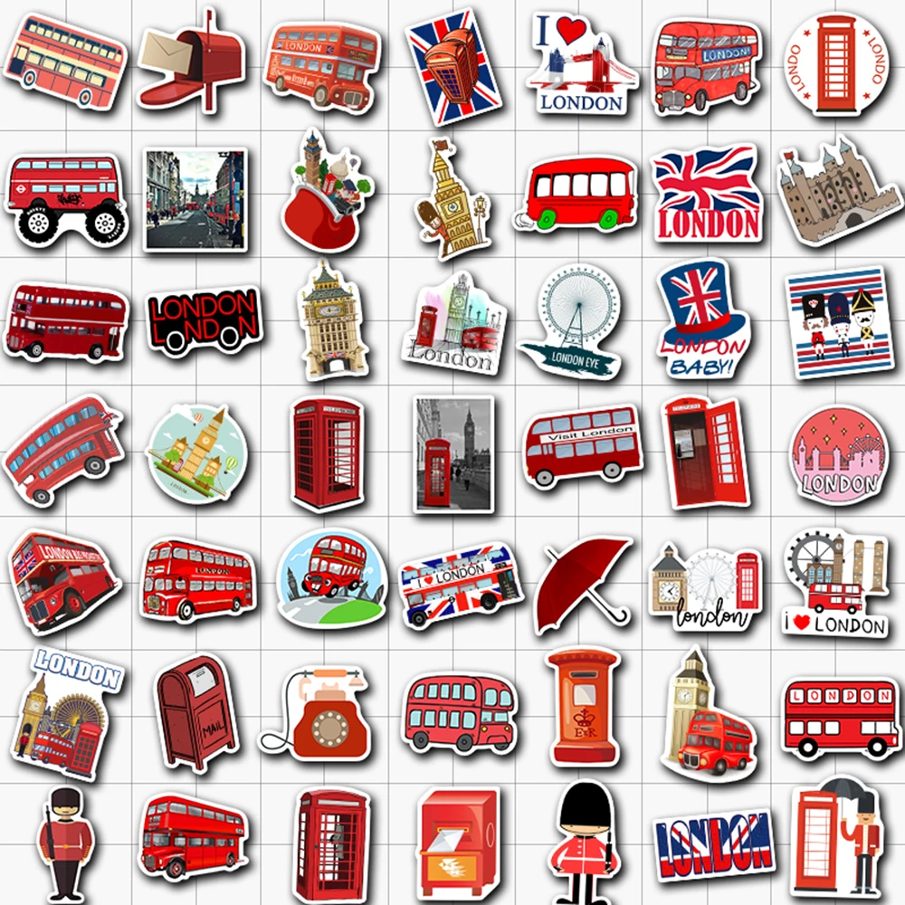 VANMAXX 50 шт. Лондонский красный автобус телефонная будка ориентир наклейки водонепроницаемые виниловые наклейки для шлем для ноутбука