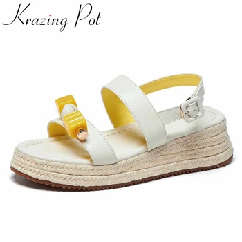 

Krazing pot cow leather peep toe high heels straw wedges metal decoration young lady dating buckle strap summer hot sandals L96