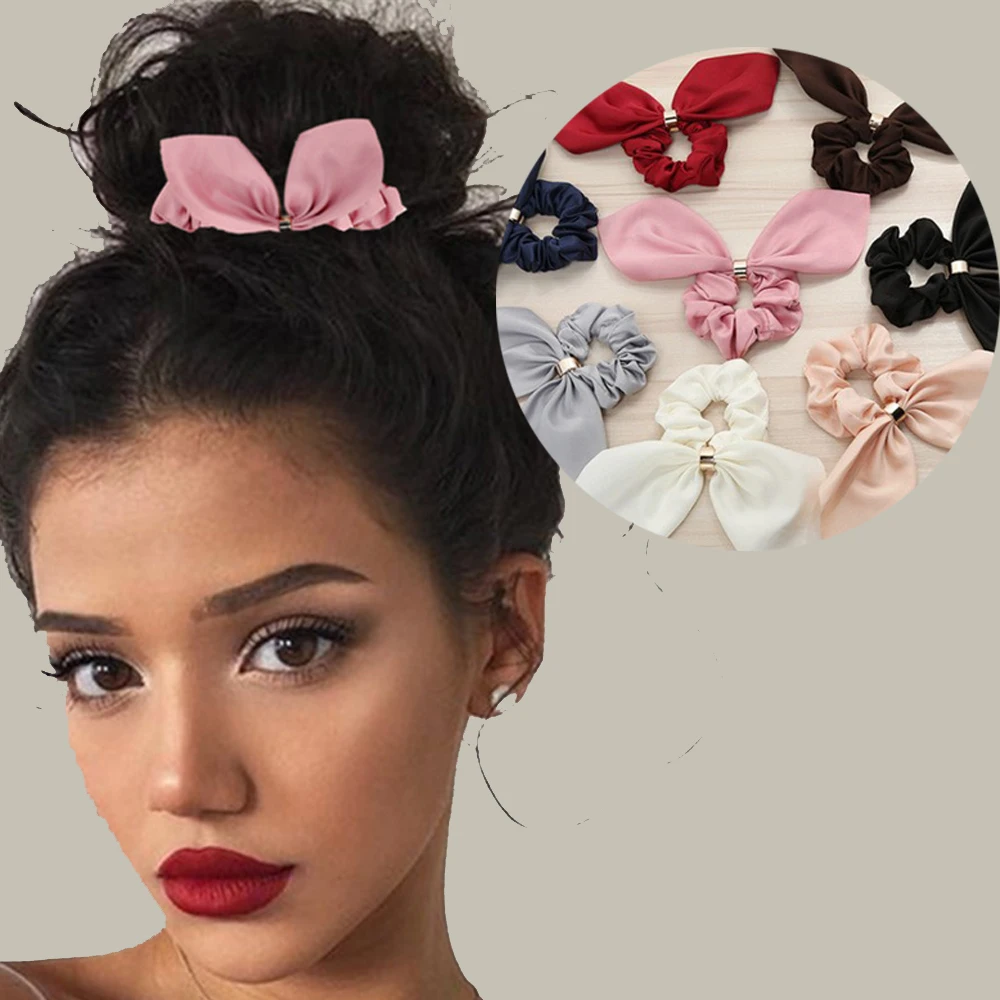 Women Hair Tie Elastic Rabbit Ear Hairband Rope Solid Scrunchies