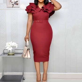 

Plus Size Elegant Party Dress Evening Women 2019 Short Sleeve Ruffle Robe Bodycon Midi Dresses