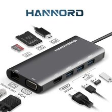 Hannord usb-хаб type C-USB 3,0 HDMI адаптер док-станция VGA RJ45 для MacBook Pro USB-C type C 3,1 Разветвитель USB C концентратор