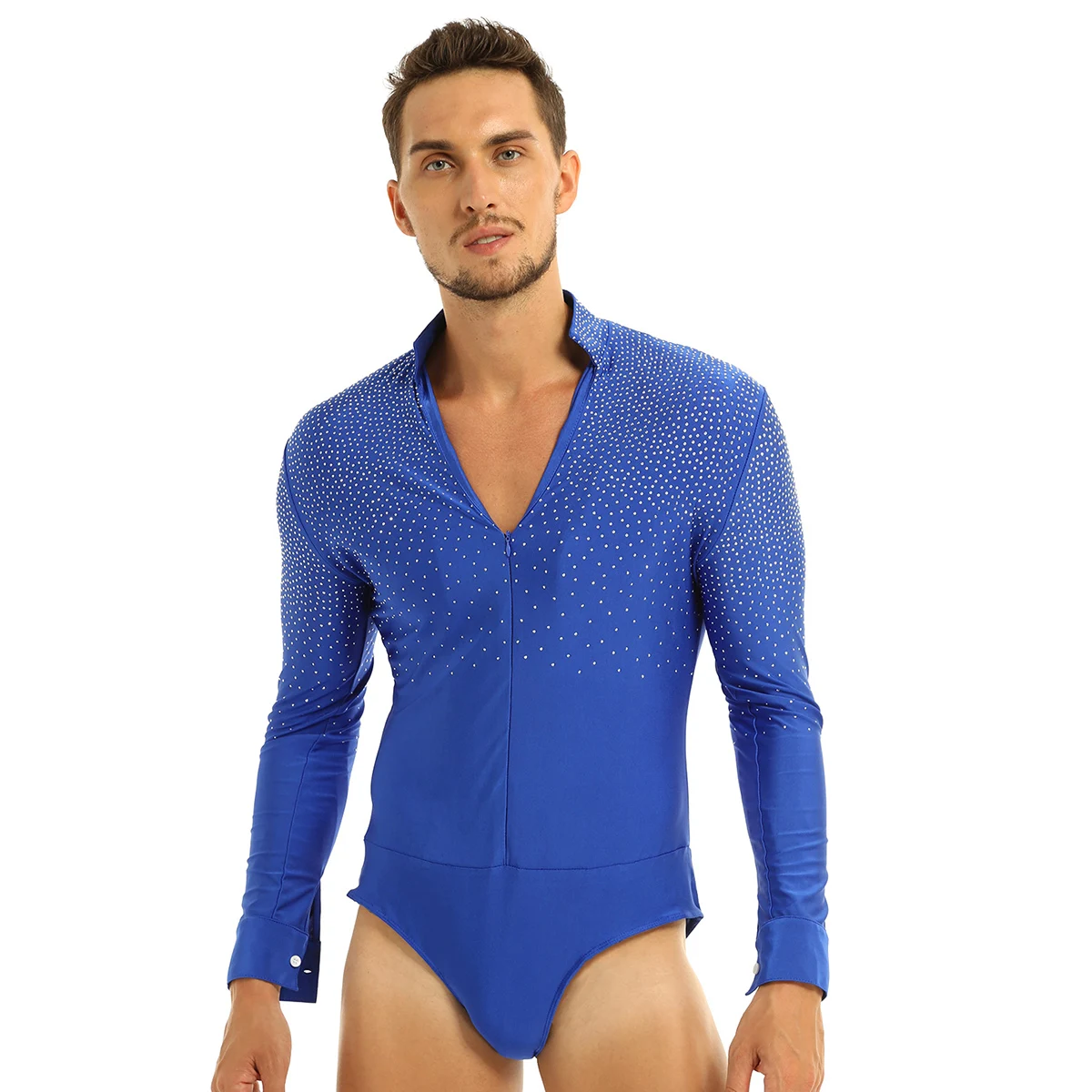 thumbnail image 1 of Body para hombre, camisas con diamantes de imitación brillantes, cuello levantado, trajes de salón, Ropa de baile latino, Tango, Rumba, camisa de baile, leotardo, Tops, 1 of 5