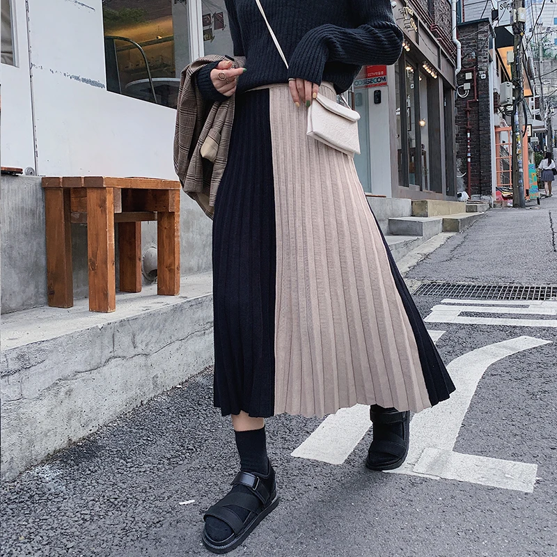 

JSXDHK Vintage Autumn Winter Knitted Skirt Fashion Women Hit Color Pleated Long Skirts Elegant High Waist Maxi Patchwork Skirt