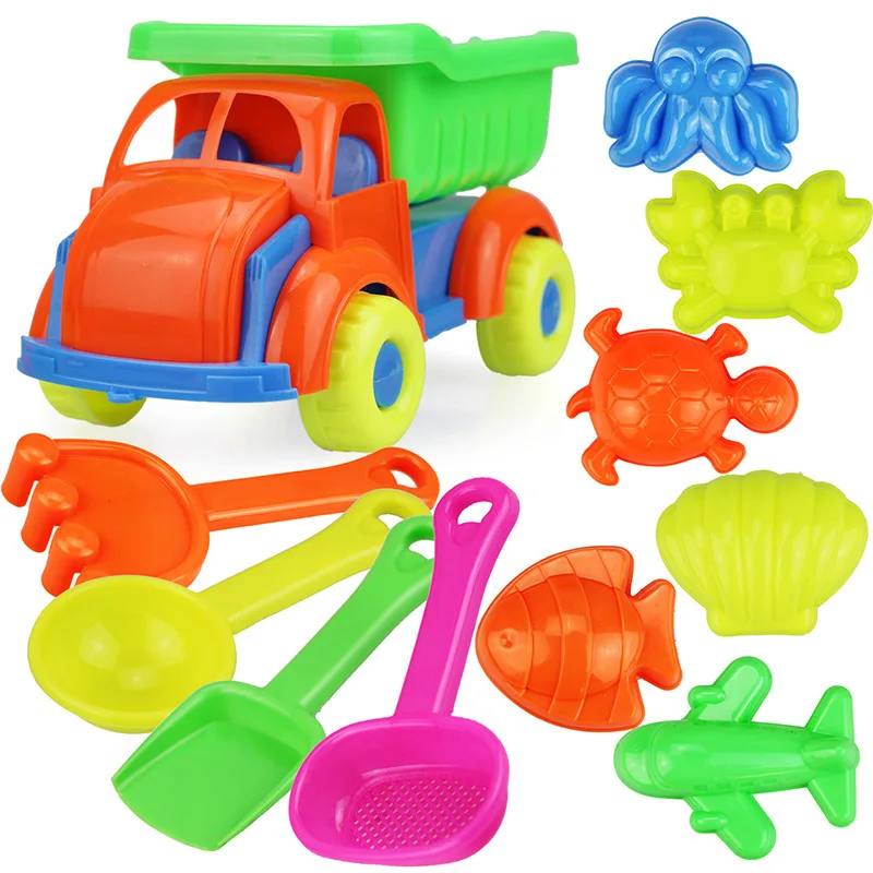 

Summer Children's Beach Toy Car Suit 11pcs Baby Playing with Sand Digging Hourglass Large Kids Plastic Shovel Playing in Water