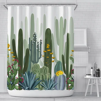 

Green cactus Print Shower Curtain 4 Piece Carpet Cover Toilet Cover Bath Mat Pad Set Bathroom Curtain with 12 Hooks