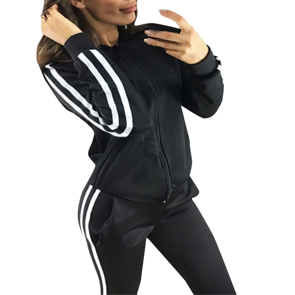 Модный спортивный костюм для женщин, повседневный комплект из 2 предметов для бега, полосатые спортивные брюки на молнии, укороченные топы с длинными рукавами+ штаны, спортивная одежда# g4