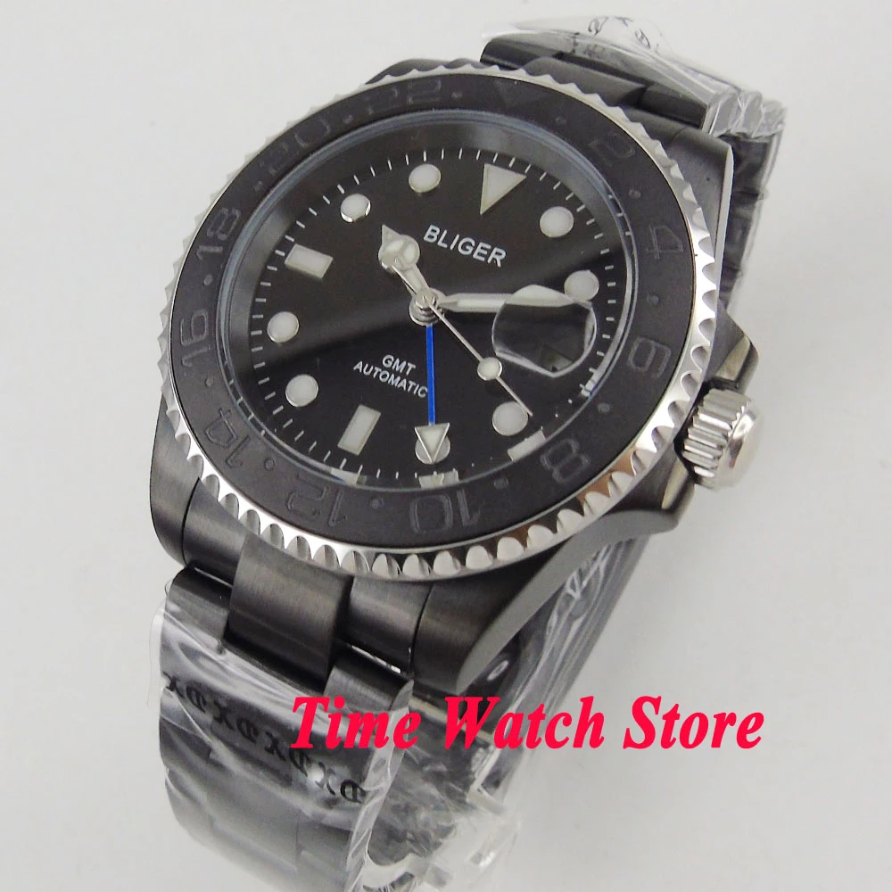 Bliger 40 мм GMT 3804 автоматические мужские часы PVD корпус черный циферблат светящийся
