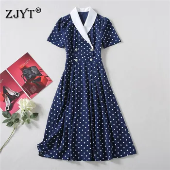 

2020 New Europe Fashion Summer Runway Dress Women High Quality Short Sleeve Mid Calf Vintage Polka Dot Print Dress Vestidos