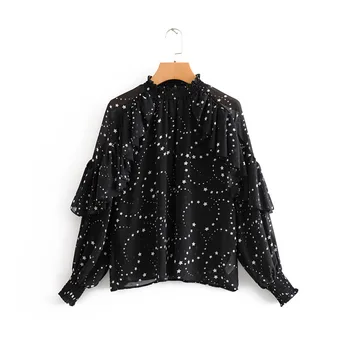 

Spring Style Western Fashion Europe and America Fashion Star Printed Flounced Lace-up Shirt Chiffon Blouse Womens streetwear