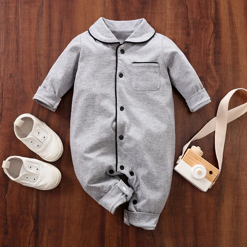 Unilovers New Spring Autumn Baby Boy Girl Newborn Cotton Solid Polo Collar Cardigan Pocket Design Long-sleeve Jumpsuit