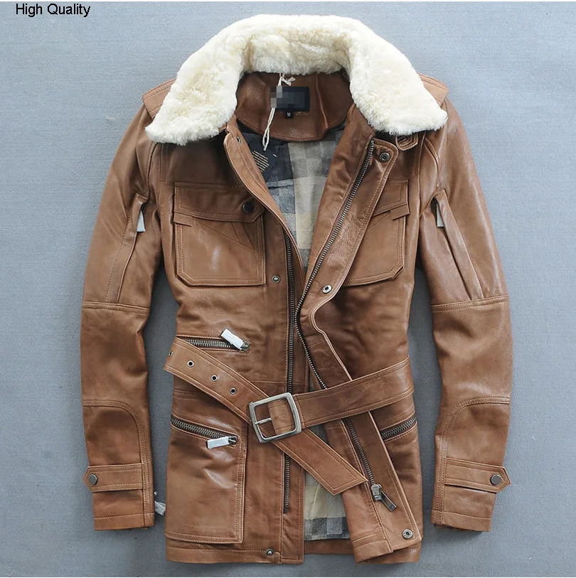 

Fashion multi-pocket lambswool turn-down collar sheep skin genuine leather jacket In the long section mans clothing slim fit
