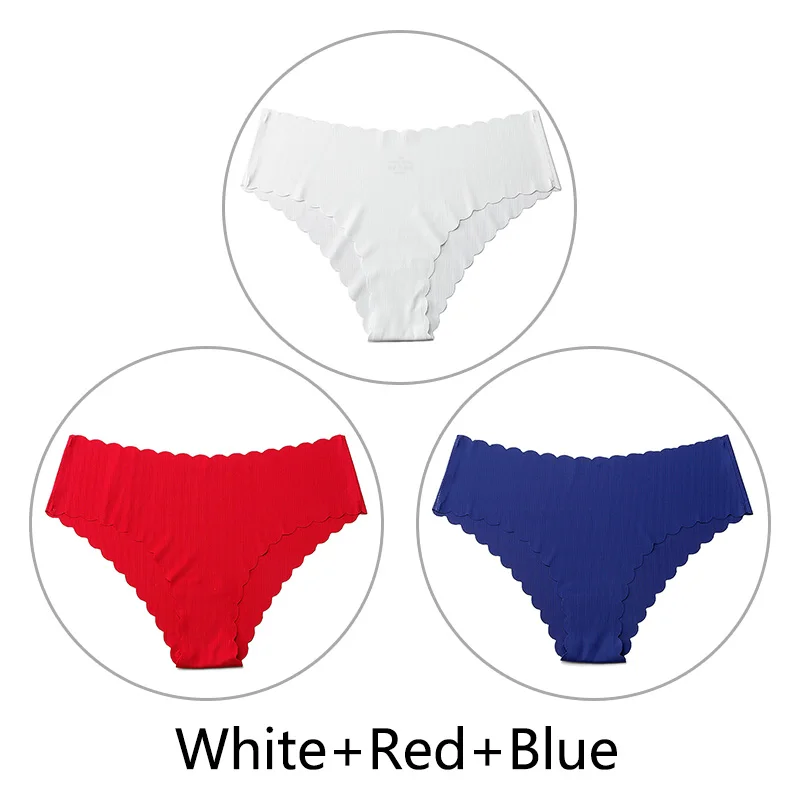 3 шт./партия, сексуальные бесшовные трусики с оборками для женщин, полосатые трусы с низкой посадкой, цельное нижнее белье, женское нижнее белье, американский размер xs-l - Цвет: White Red Blue