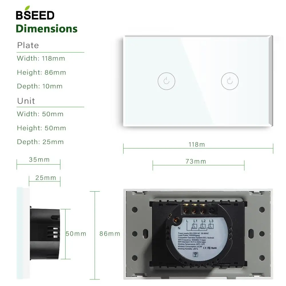 BSEED, стандарт США, сенсорный выключатель, Wifi, управление, 2 банды, умный переключатель, стеклянный светильник, белый, черный, золотой