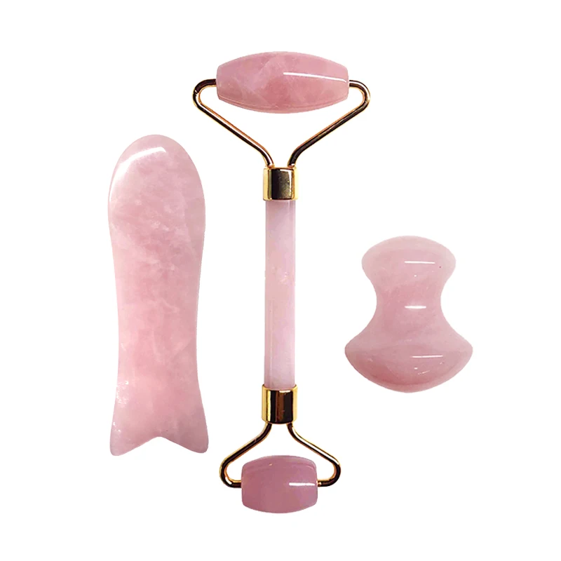 Розовый КВАРЦЕВЫЙ нефритовый роликовый набор, розовый кристалл, массажер для лица, инструмент для массажа лица, гуаша, доска Gua Sha, скребок, натуральный нефрит, ролик для лица - Цвет: 3pc set 1