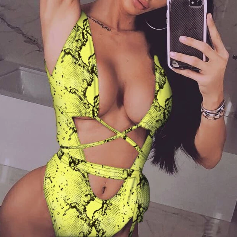

High Cut Leopard Print Brazilian Bikini 2019 Push Up Swimwear Snake Print Bathing Suit Bodysuit Women One Piece Bandage Monokini