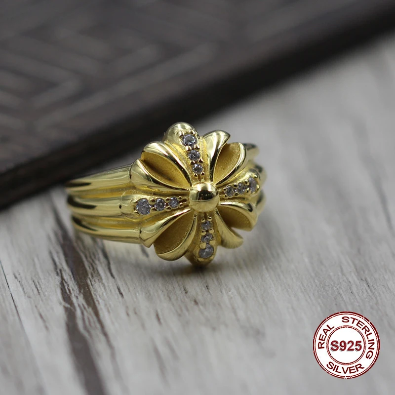 

S925 pure silver men's ring personality Restoring ancient ways punk style A 24-carat gold inlaid zircon ring Gift to your lover